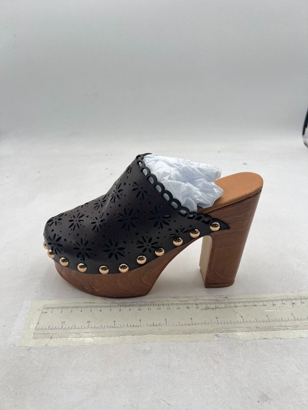 FOWT Brown Studded Round Toe Floral Cutout Platform Mules | Chunky Heel Sandals